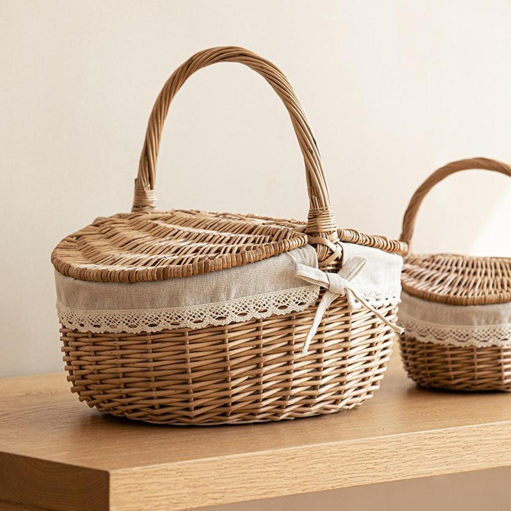 Wicker Picnic Basket with Lid and Handle Sturdy Woven Body with Washable Lining for Easter,Mother's Day,Outdoor Camping