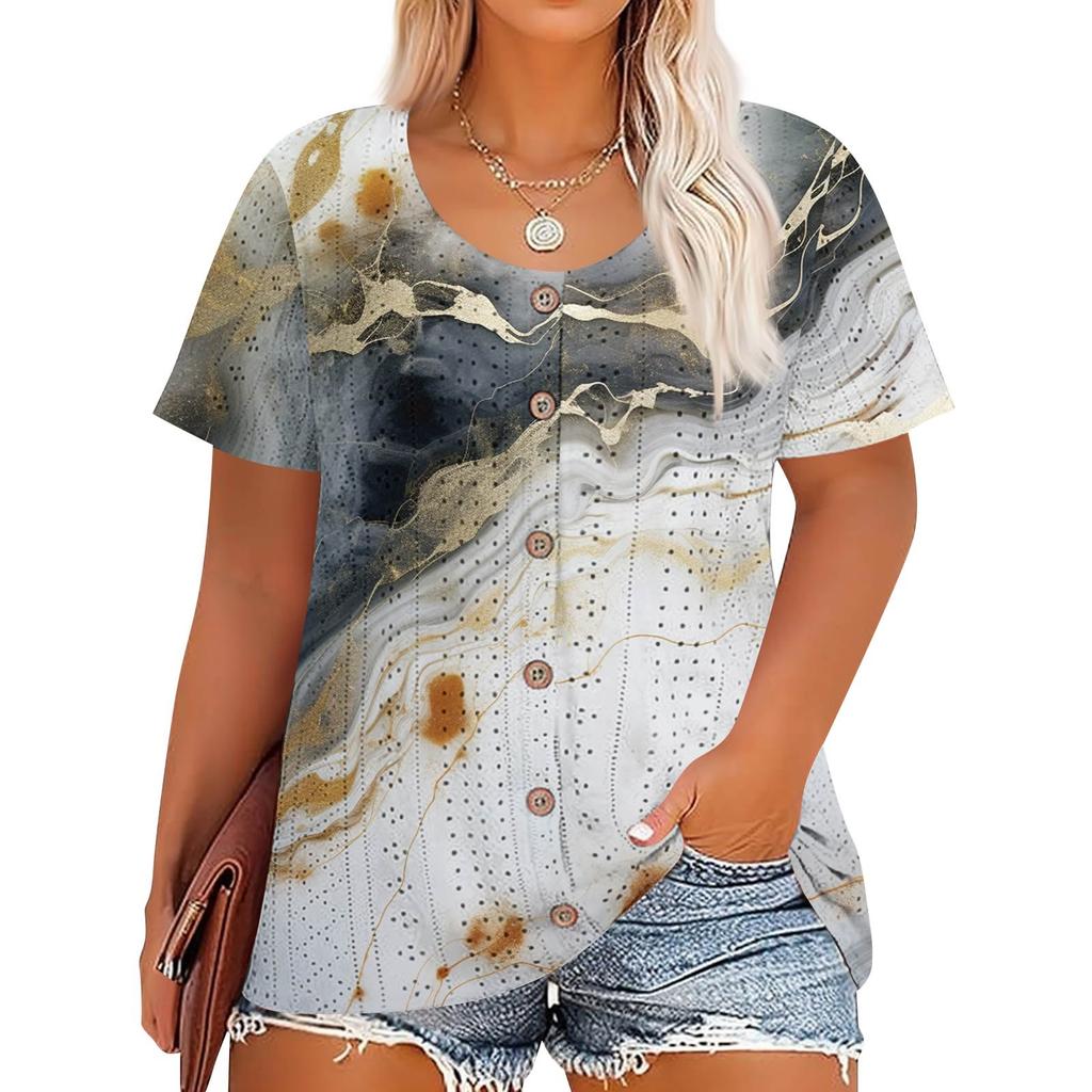 Plus Size Women's Fashion Casual Vintage Printed O-Neck Short Sleeve Button T-Shirt Top