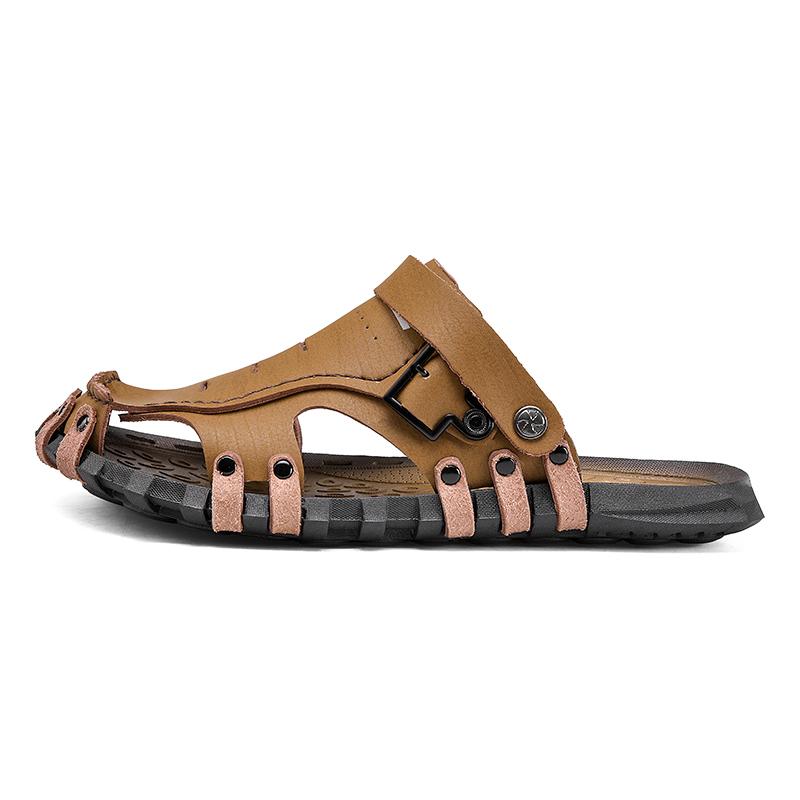 Fashion Genuine Leather Men Slippers Shoes Solid Color Slip On Casual Beach Slides Mens Thick Sole Anti Slip Summer Fashion Sandals