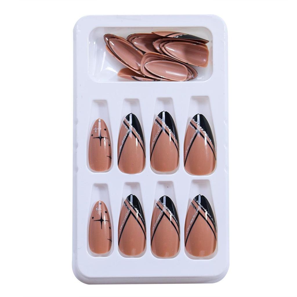 Glittering Starry Sky Wearable Nails: 24-Piece Almond Shape with Line Nail Art Stickers for French Manicure