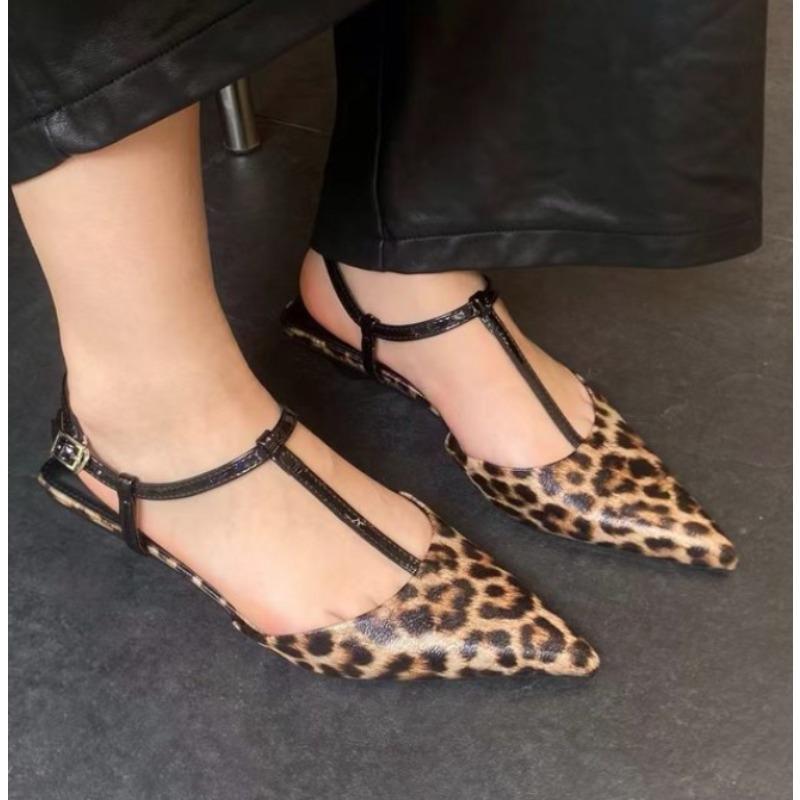 Leopard Print Pointed Toe Office Shoes Designer Shallow Stilettos Ankle Strap Women High Heels Pumps Elegant Low Heels Sandals