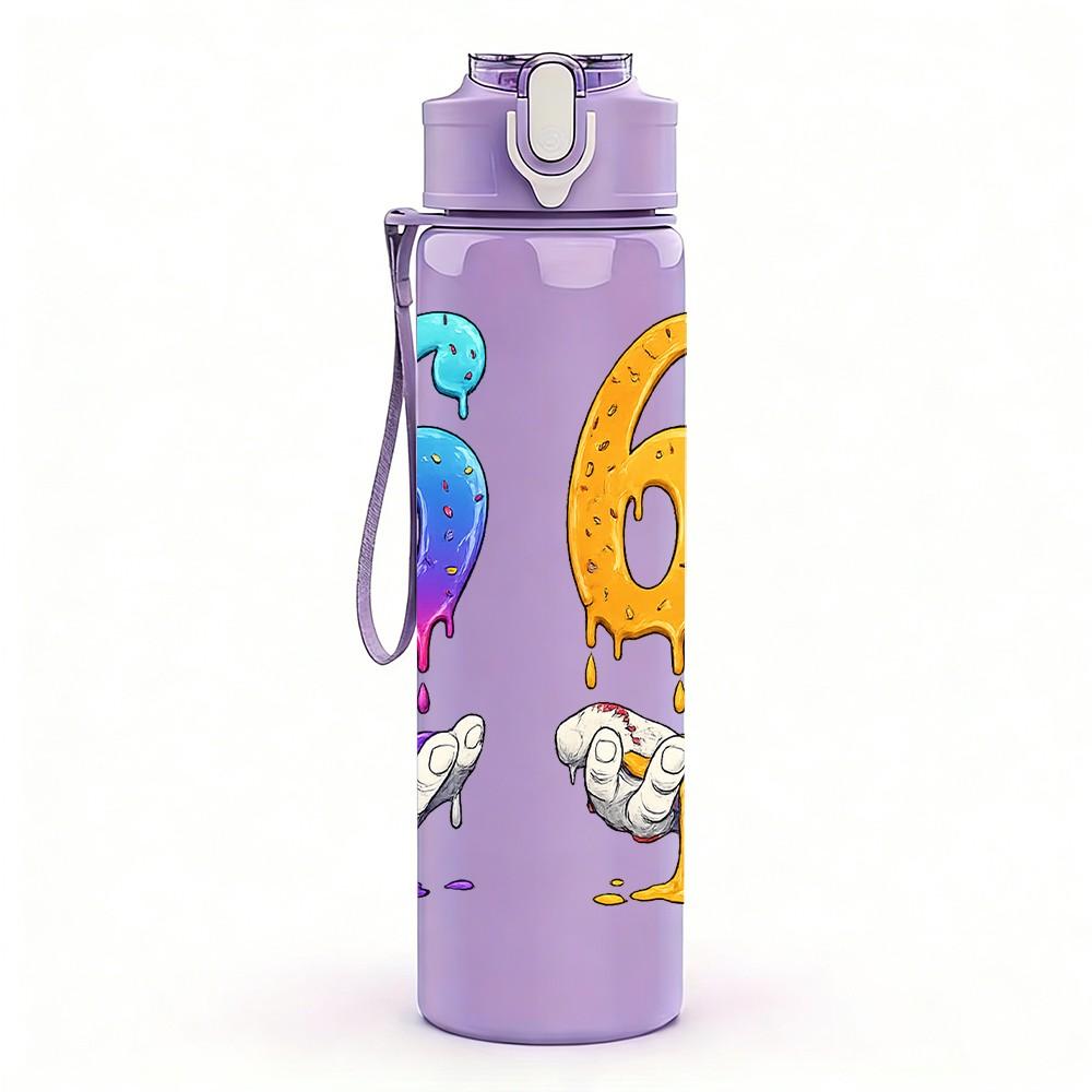 1PC 66 67 Drip Graffiti Number Print 750ml Color Plastic Sports Water Bottle Leakproof Flip Straw Lid Suitable for Sports Office Home Use