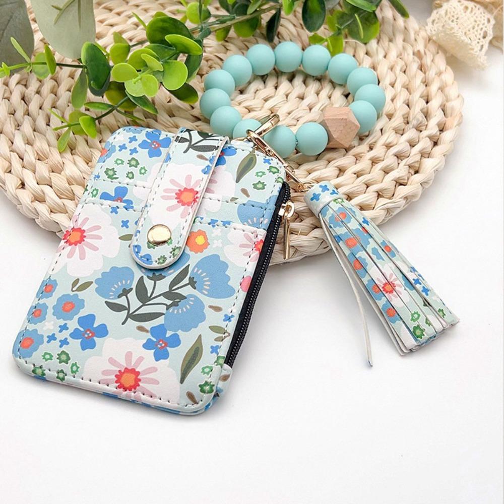 PU Leather Boho Beaded Wallet Keychain Multifunctional Floral Pattern Decorated Wristlet Keychain Wallet Portable