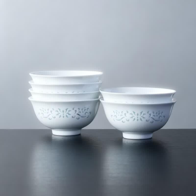 Haoya Jingdezhen Underglaze White Porcelain Rice Bowl Set, 4.75-inch, 6-Pack