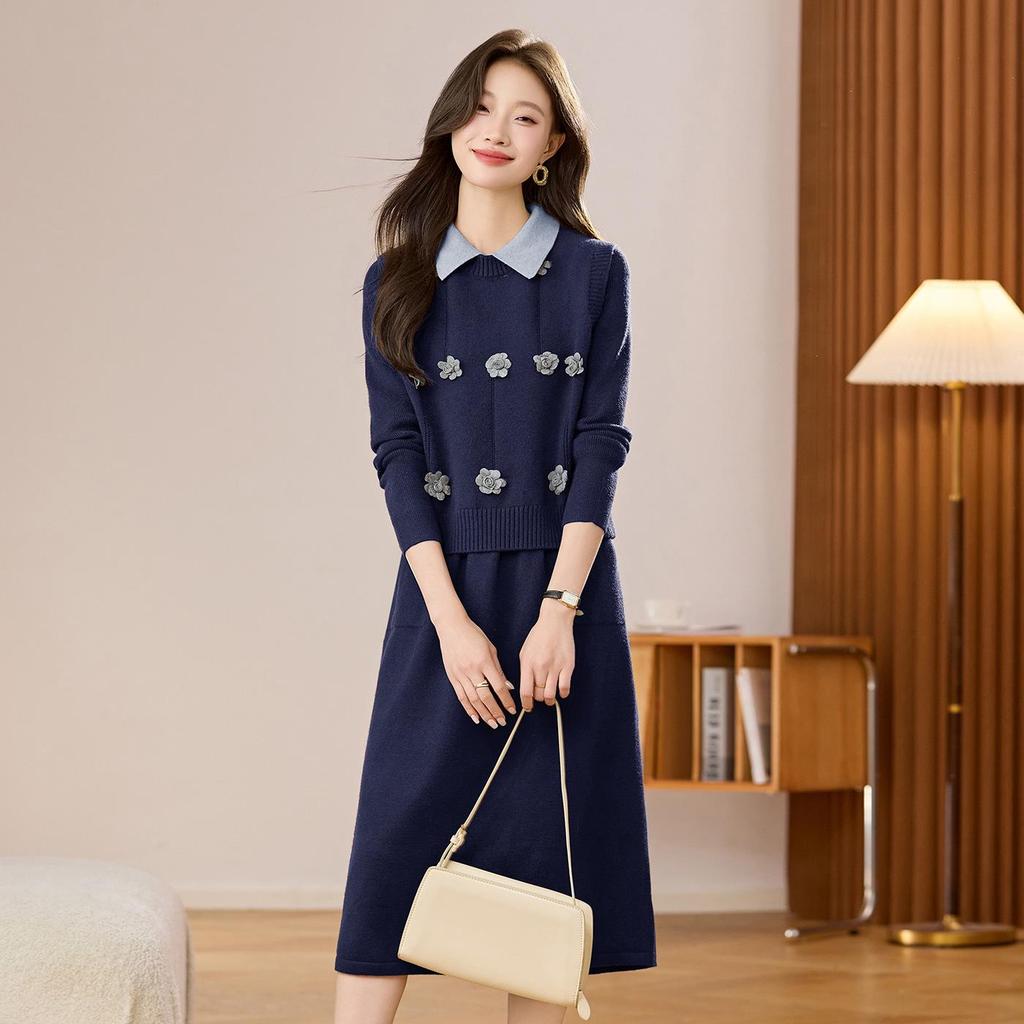 High-End Women's Knit Vest Dress Set with 3D Floral Design - Slimming Two-Piece for Fall/Winter