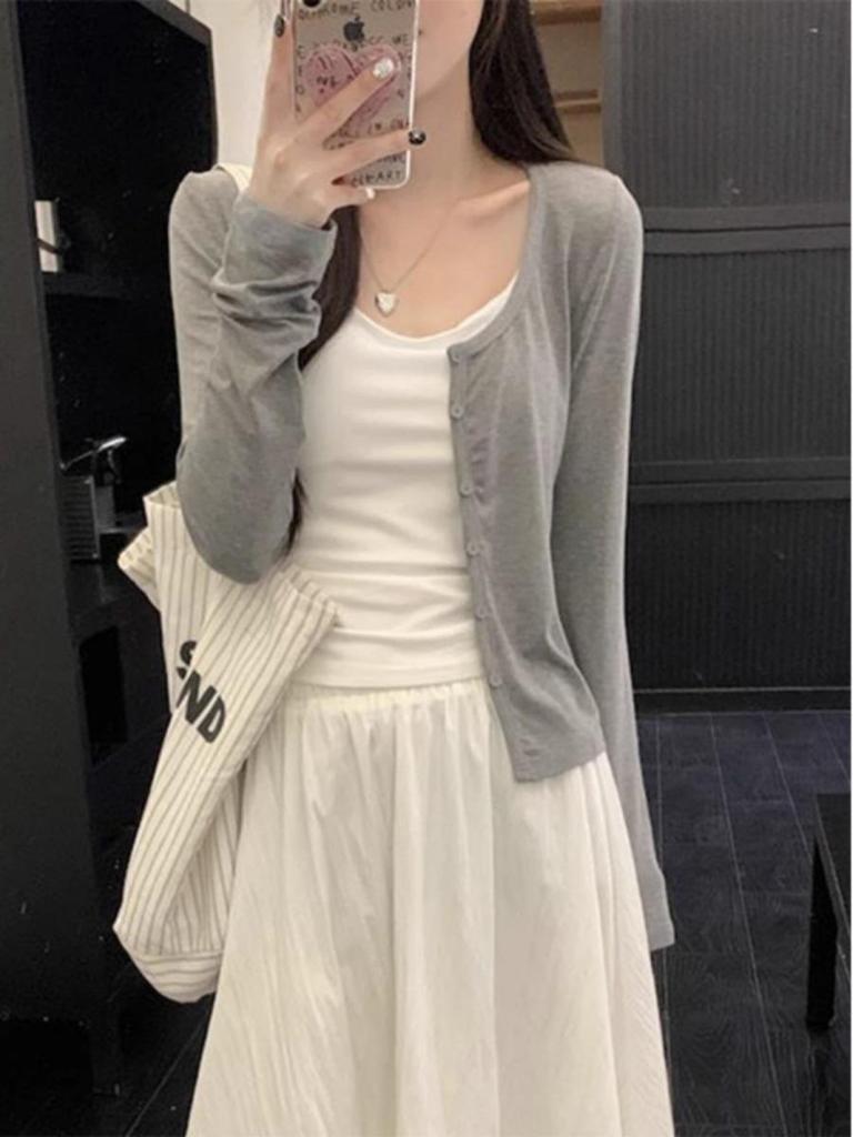 Grey Slimming Long Sleeve Knit Cardigan for Women - Casual and Versatile for Early Spring & Autumn