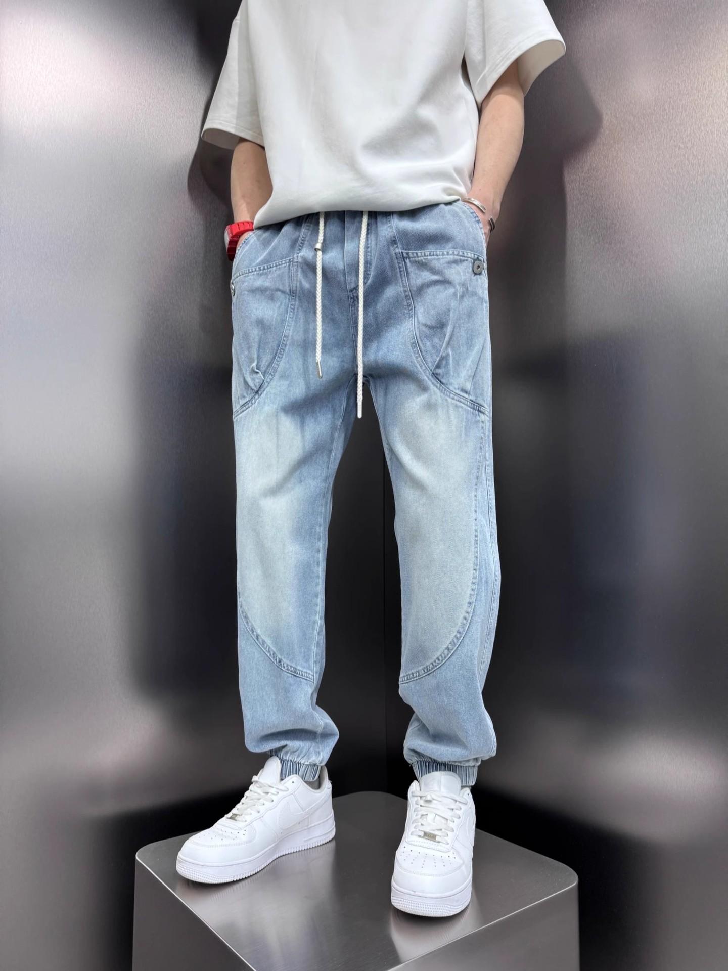 JYL Men s Jeans American Patch Washed Blue Harem Loose Cuffed Crop Denim M бездна