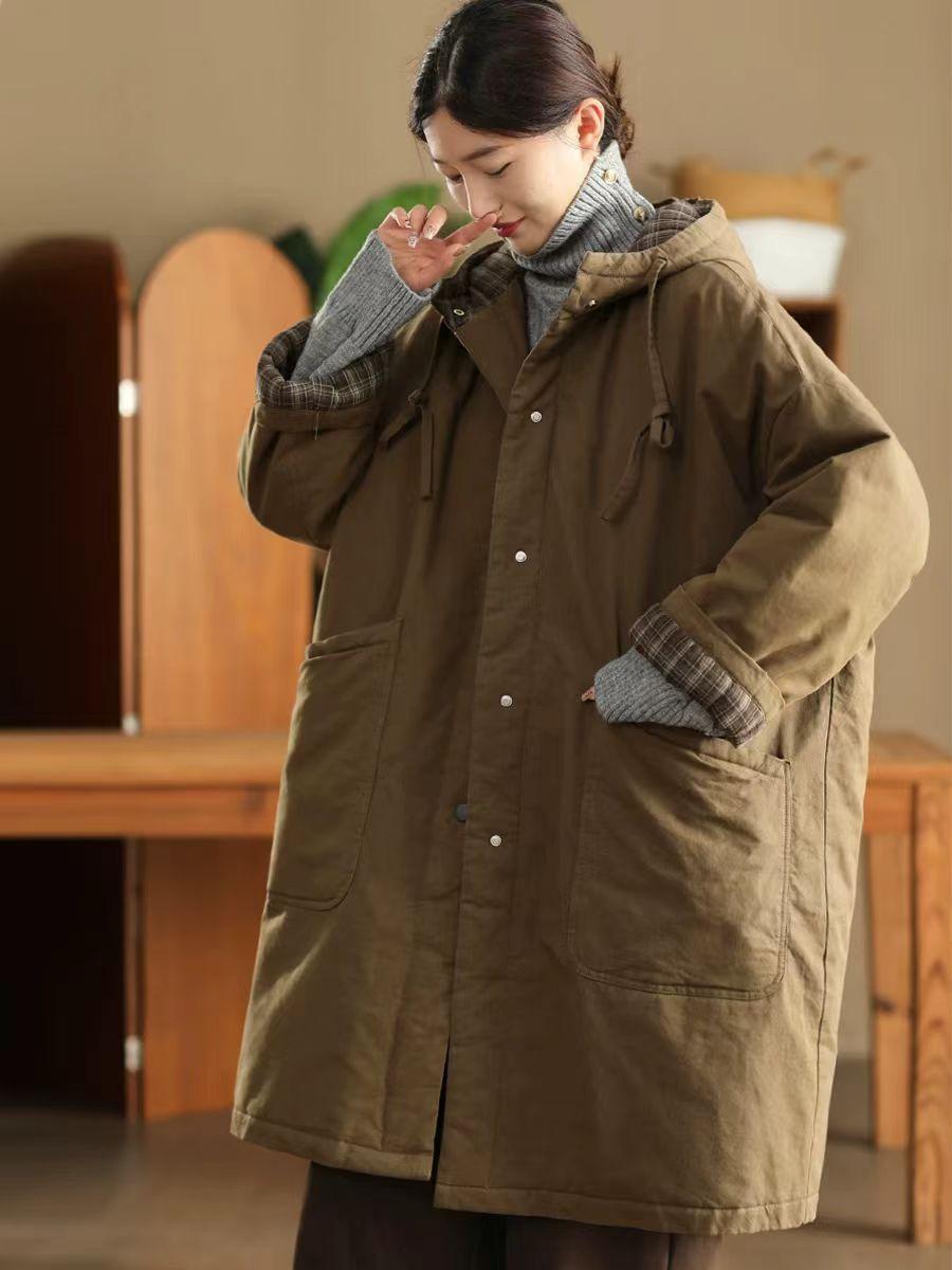 

Johnature Женские винтажные теплые зимние пальто с капюшоном на пуговицах с длинным рукавом One Size кофейный