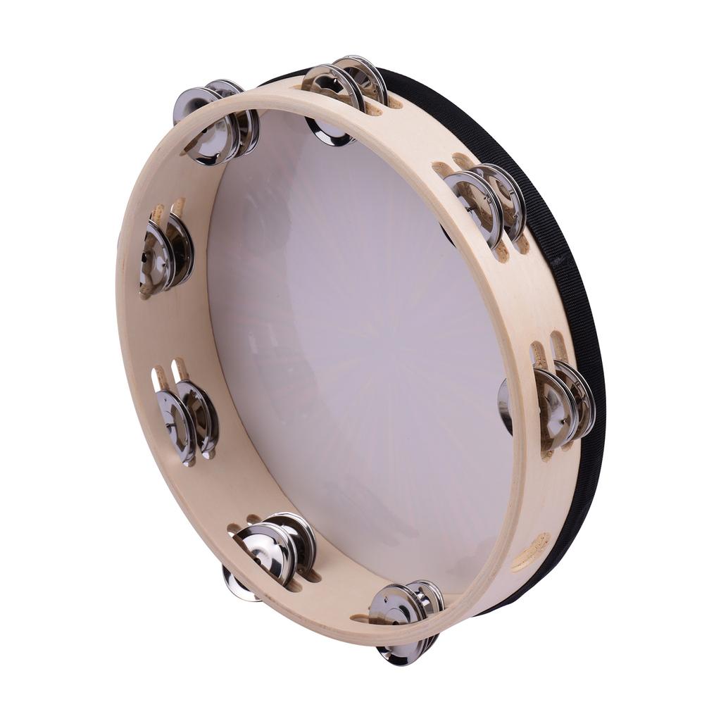 10 Inch Wooden Rdiant Tambourine Handbell Hand   with Double Row Jingles Reflective   Head Percussion Instrument Musical Toy