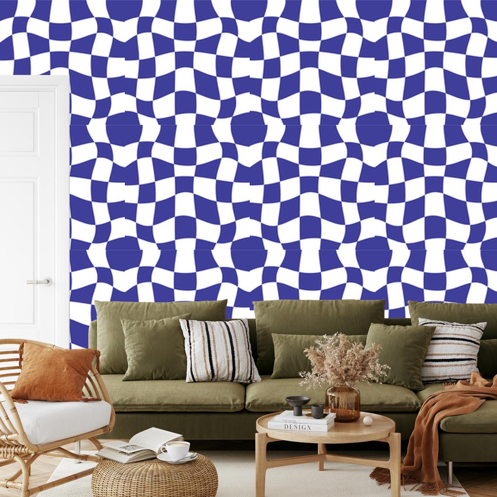 Wallpaper Casual Checkerboard Blue, White and Light Gray 50x1000