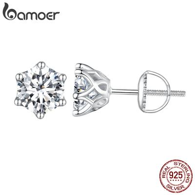 BAMOER Moissanite Stud Earrings, D Color Brilliant Round Cut Lab Created Diamond 925 Silver Earrings Gold Plated for