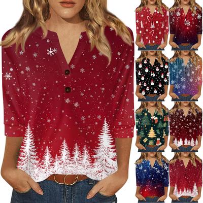 Camiseta de mujer con estampado navideño, botones, manga 3/4, para uso diario, fin de semana, básica, cuello en V, camiseta regular