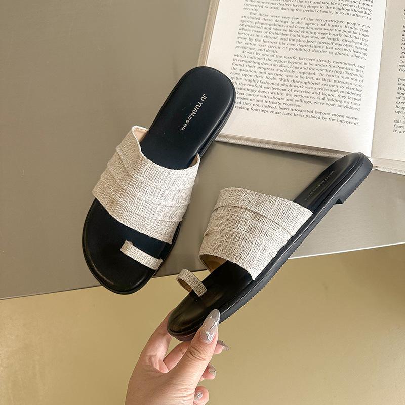 

Retro linen slippers women s summer wear new casual vacation flat sandals versatile set toe sandals 35