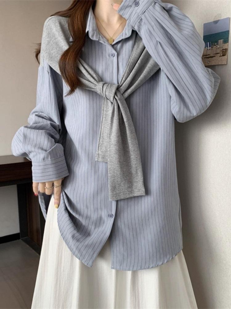 Women's Blue Striped Two-Piece Shawl Long-Sleeve Shirt - 2025 Autumn Loose Fit Korean Style