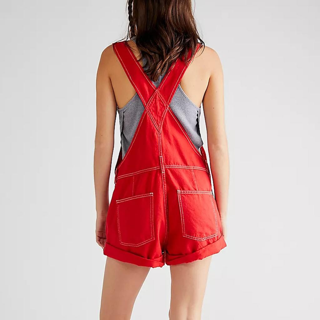 Damenmode Solide V-Ausschnitt Knopftasche Waschwasser Denim Verstellbarer kurzer Träger Jumpsuit