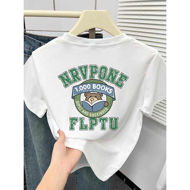 

Korean Cartoon Teddy Bear Print Round Neck Slimming T-Shirt for Women Medium