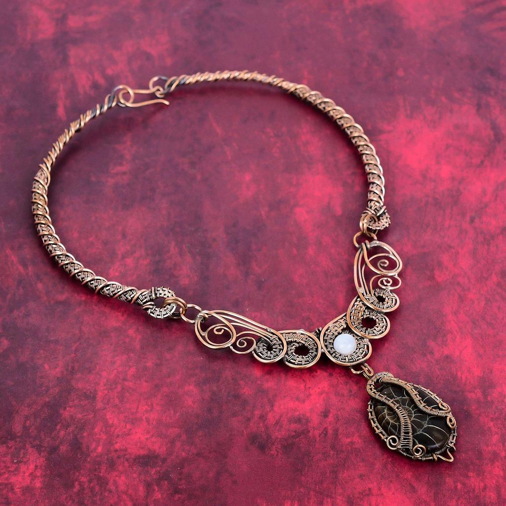 Ammonite Fossil Necklace Copper Wire Wrapped Necklace Rainbow Moonstone Necklace Gemstone Copper Jewelry Engagement Gifts Handmade Necklace