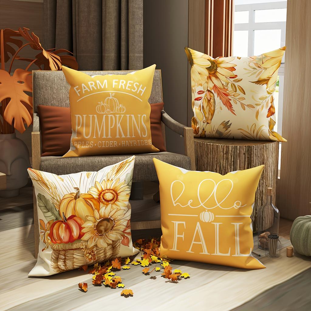 4PCS Fall Harvest Decorative Throw Pillow Covers - Inch, Soft Polyester, Fall Thanksgiving Pumpkin and Yellow and Orange Floral Pattern - Perfect for
