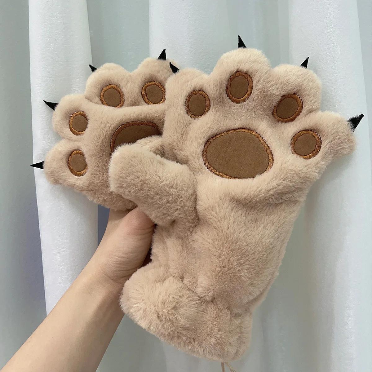 

Women Winter Warm Gloves Bear Palm Paw Animals Plushclaw Glove Paws Costumes Cosplay Cute Cartoon Bear Simulation Furry Mittens хаки