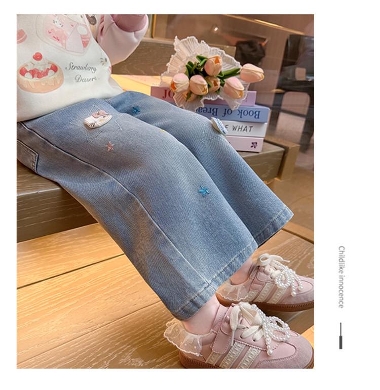 Bestickte Stern & Schleife Weitbeinige Jeans für Mädchen - Koreanischer Stil, Frühling/Herbst