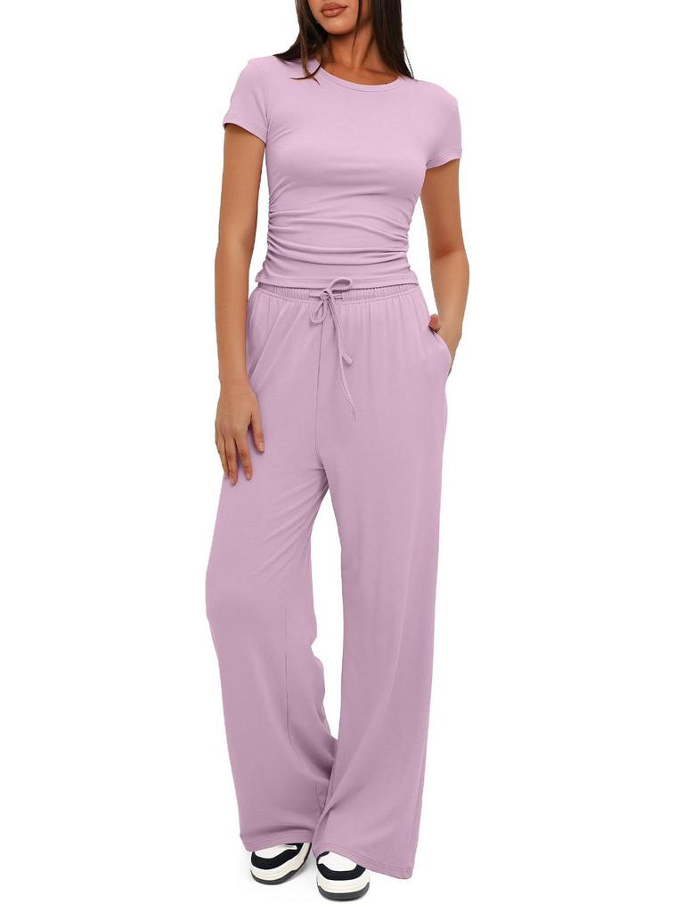 2024 Solid Color Casual Set: Ruffle Sleeve Top & High Waist Wide-Leg Pants Sportswear