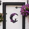 Halloween Wreath for Front Door Black Cat Moonlight Garland LED Lights Door Decor with Purple Flowers Indoor Outdoor Spooky Party Decoration