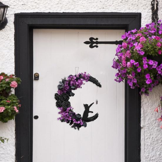 Halloween Wreath for Front Door Black Cat Moonlight Garland LED Lights Door Decor with Purple Flowers Indoor Outdoor Spooky Party Decoration