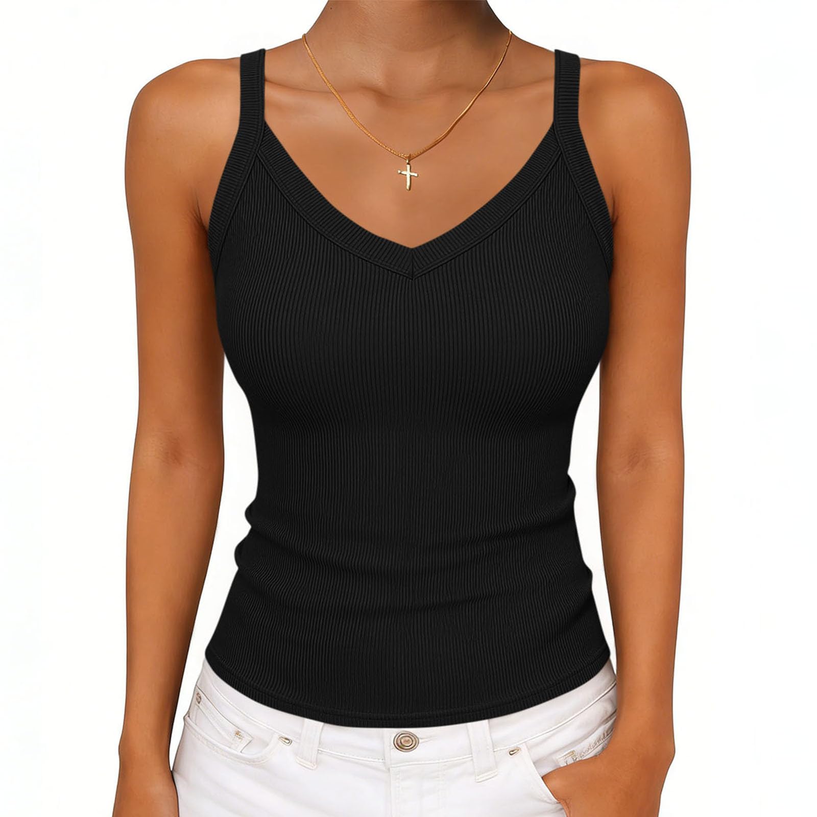 Women s V-neck Ribbed Knit Fitted Sleeveless T-Shirt L чёрный