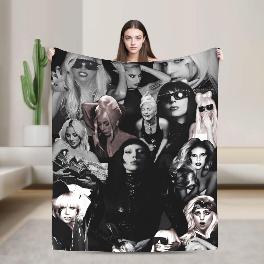 Lady Singer Rock Album Gagas Knitted Fashion Blankets Y2K Tour Flannel Throw Fashion Blanket Rug Piece Ultra-Soft Warm Bedspread Multifuncti