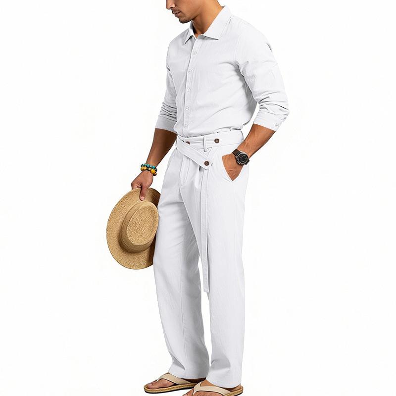 2026 European Men's Casual Loose Linen Lapel Shirt & Long Pants Set - Breathable Cotton Blend