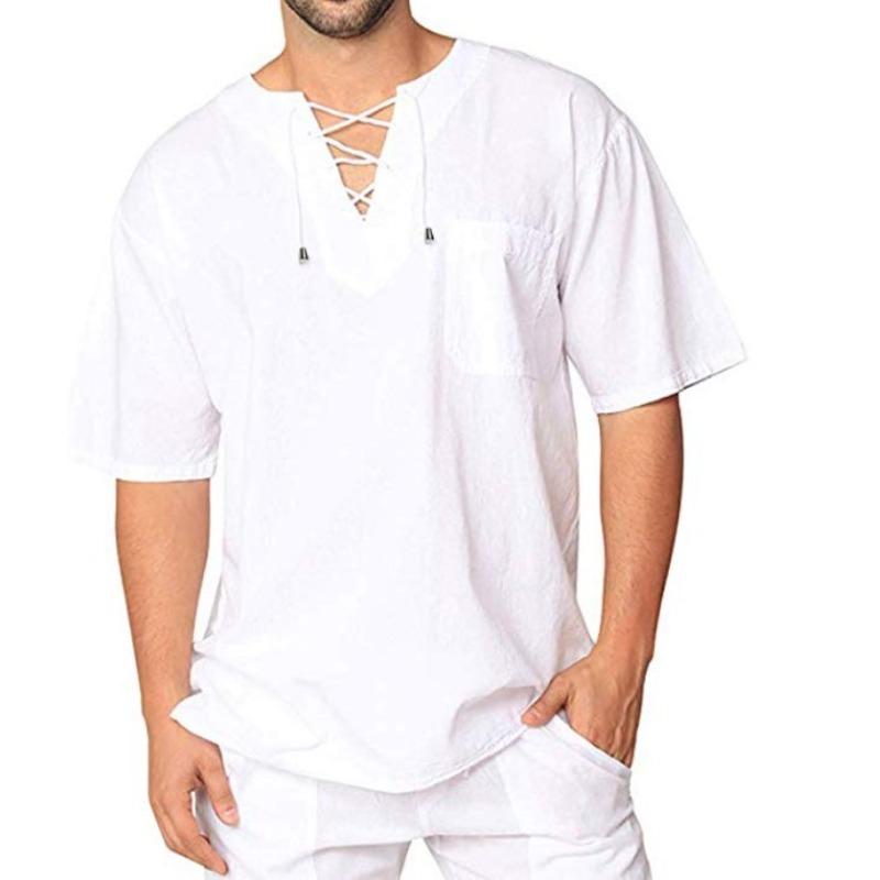 New Corn Lace-up Cotton and Linen Men's Short-sleeved Shirt
