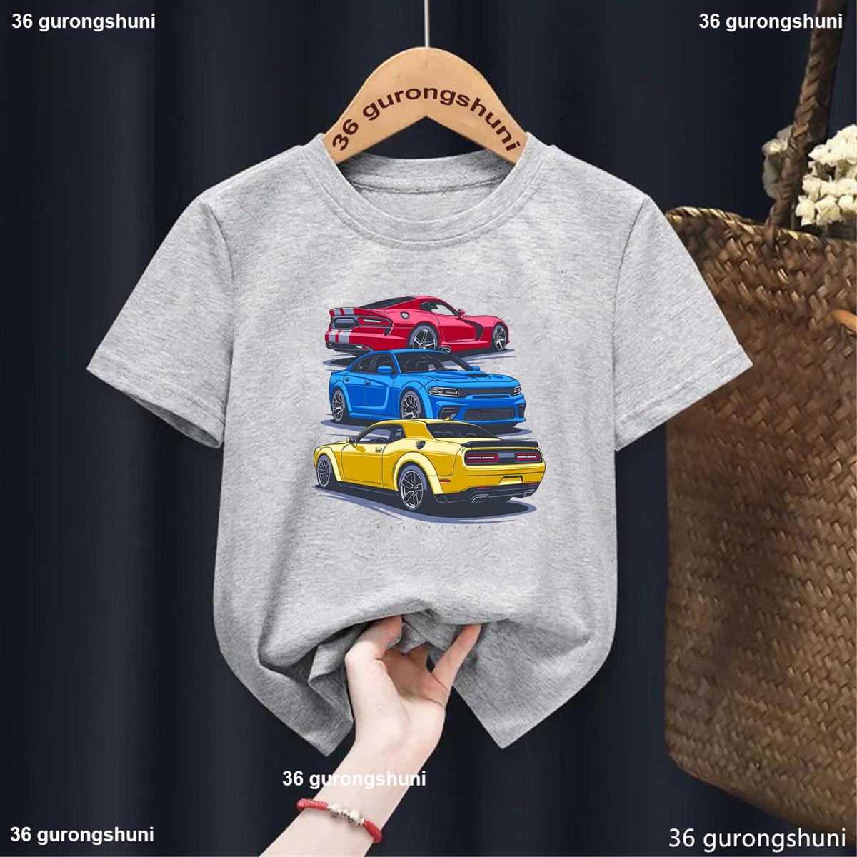 

2025 Fashion Childern Summer Tshirt Super Car-Cool Graphic Print T-shirt for Boys Summer Loose and Breathable Grey Tshirt Tops 150