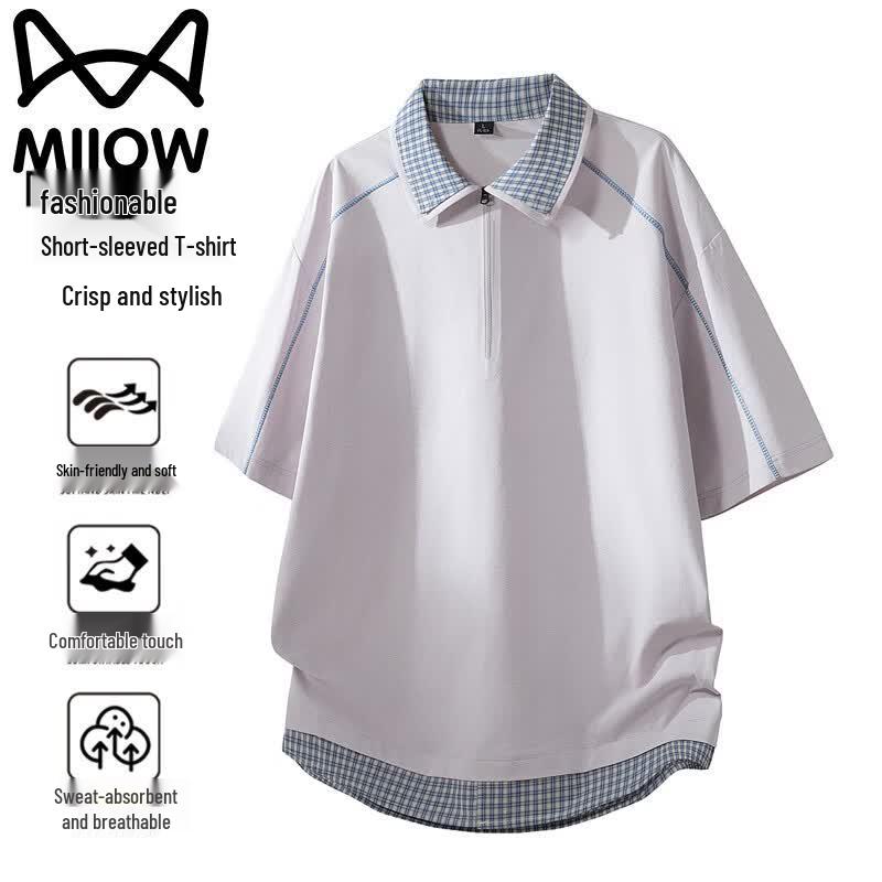 MiiOW Men s Plaid Polo Faux Two-Piece Half-Zip T-Shirt 2XL