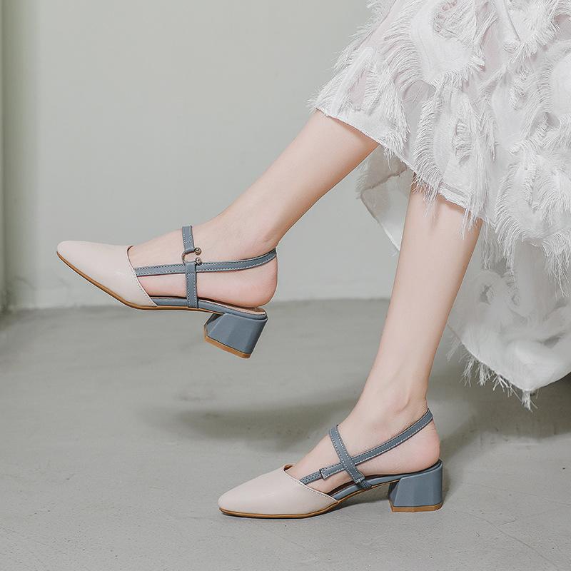 2025 Summer Elegant Thick High Heel Shoes with Baotou Solid Color Women's Shoes Women's Sandals Zapatillas Mujer Sandal