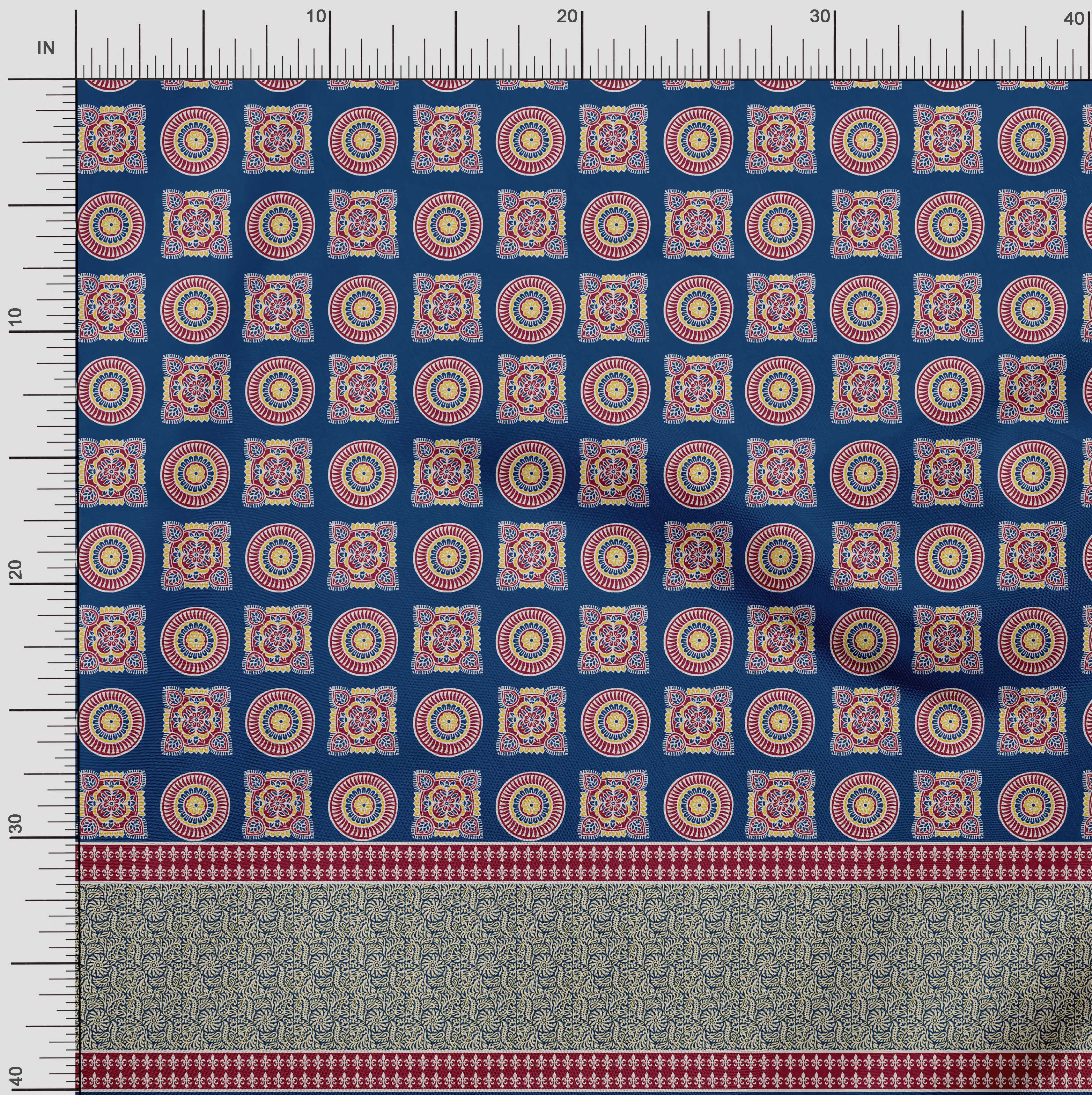 

Японська креп-сатин Soimoi Тканина з квітковим принтом і панелями з мандалами 1 метр 42 дюйма 42 Inch Wide - Poly Crepe синій