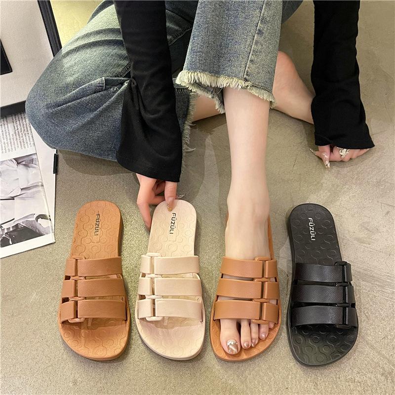 Summer Slippers Women's Outer Wear 2025 New Fashion One-word Buckle Flat-bottomed Slippers Student Seaside Casual Beach Shoes Women