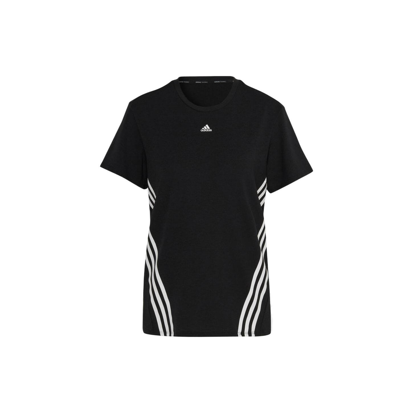

Adidas Striped Logo Print Round Neck Pullover Short Sleeve T-Shirt Women Tops Black HK6975 S
