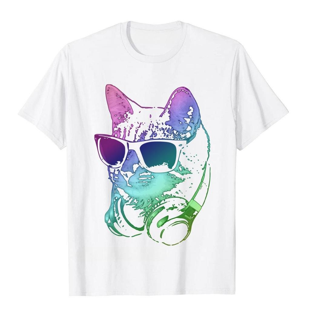 HEISSER VERKAUF DJ Katze im Neon-T-Shirt Neues Design Übergroß Premium-Baumwolle Herren Top Shirt Enges Comic-T-Shirt Kurzarm-T-Shirt