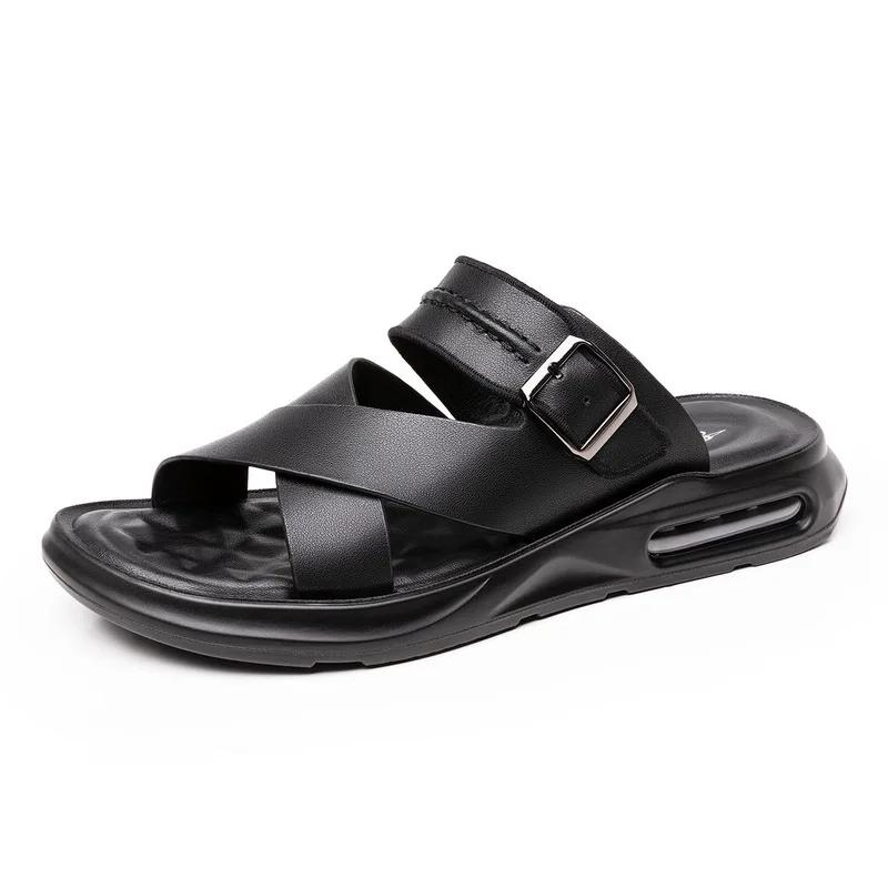 Genuine Leather Summer Shoes Men Sandals Flat Non-slip Soft Leather Mens Beach Sandals Holiday Shoes Black Brown A4613
