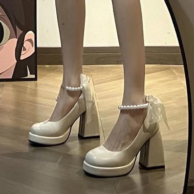 Modeplattform Damklackar Eleganta Pärlankelrem Bröllopsskor med rosett Mode Tjock Klack Mary Jane-skor Dam Enkla festpumps