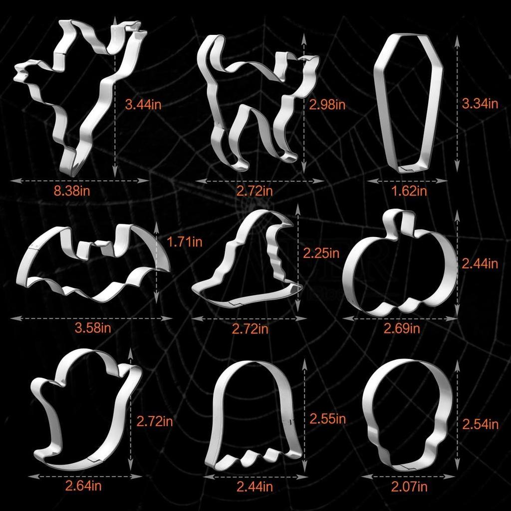 Halloween Cookie Cutters Set,9 Piece Stainless Steel Metal Halloween Cookie Cutters Shapes - Pumpkin, Ghosts, Bat, Black Cat, Witch's Hat, Skull,