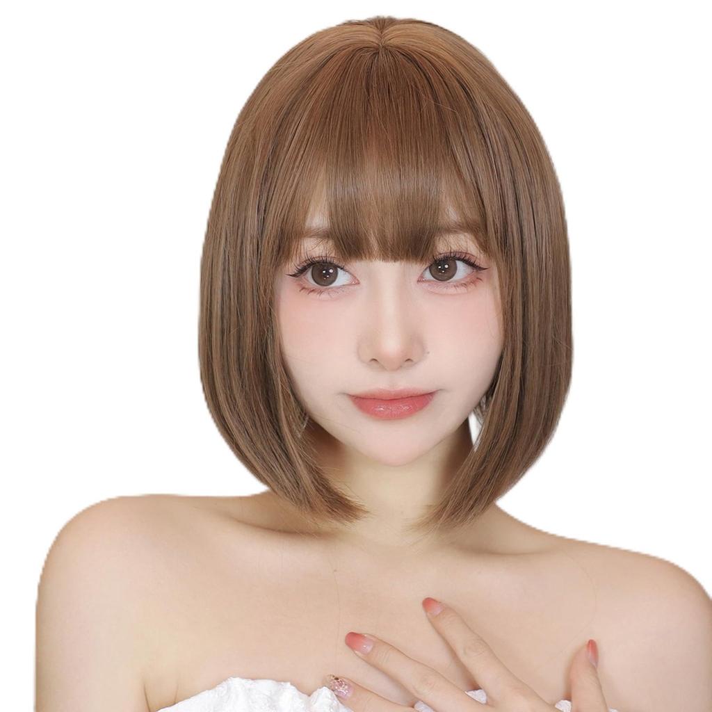 HAIRCUBE Full Short Heat Adult Small Harajuku Plunging Heat Resistant Wig, Wig, Bob, Resistant, Natural, Bob, Face, Style, Bangs, Everyday, (Brown)
