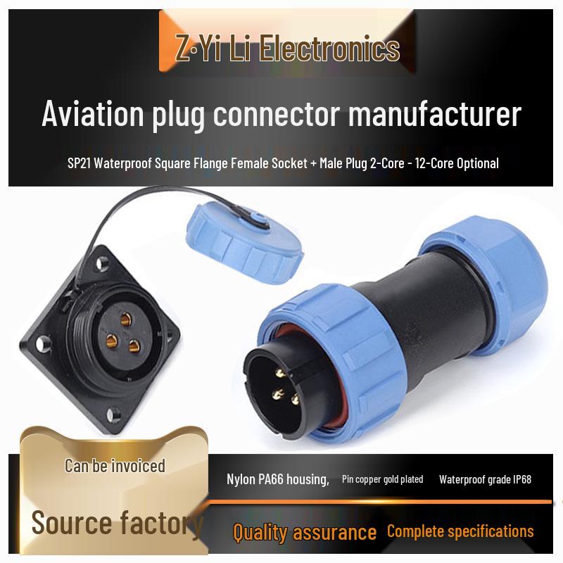 

SP21 Square Aviation Plug Socket, 23-Core, 12-Pin, Male/Female, IP68 Waterproof Industrial Connector 2P Male Plug