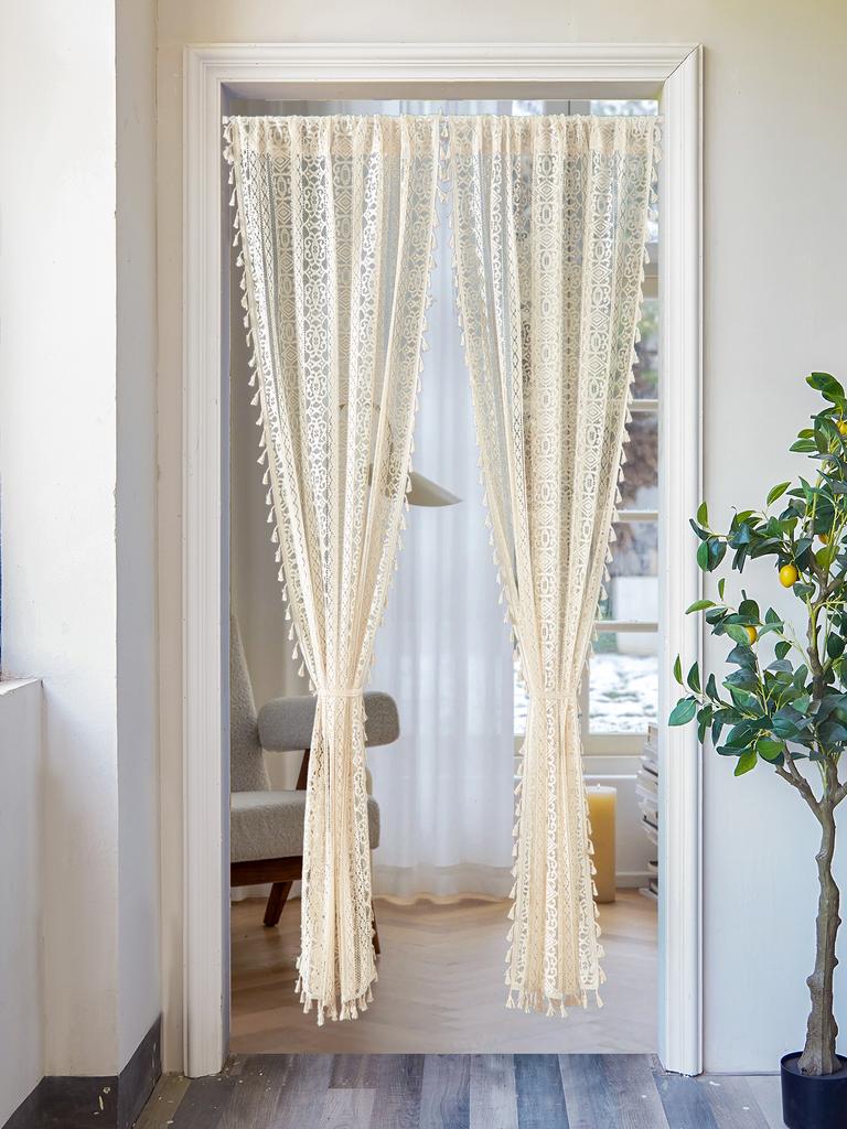 1PC Beige Lace Small Square with Tassel Curtains, Living Room Bedroom Door Curtains, Windows, Holiday Party Decorations