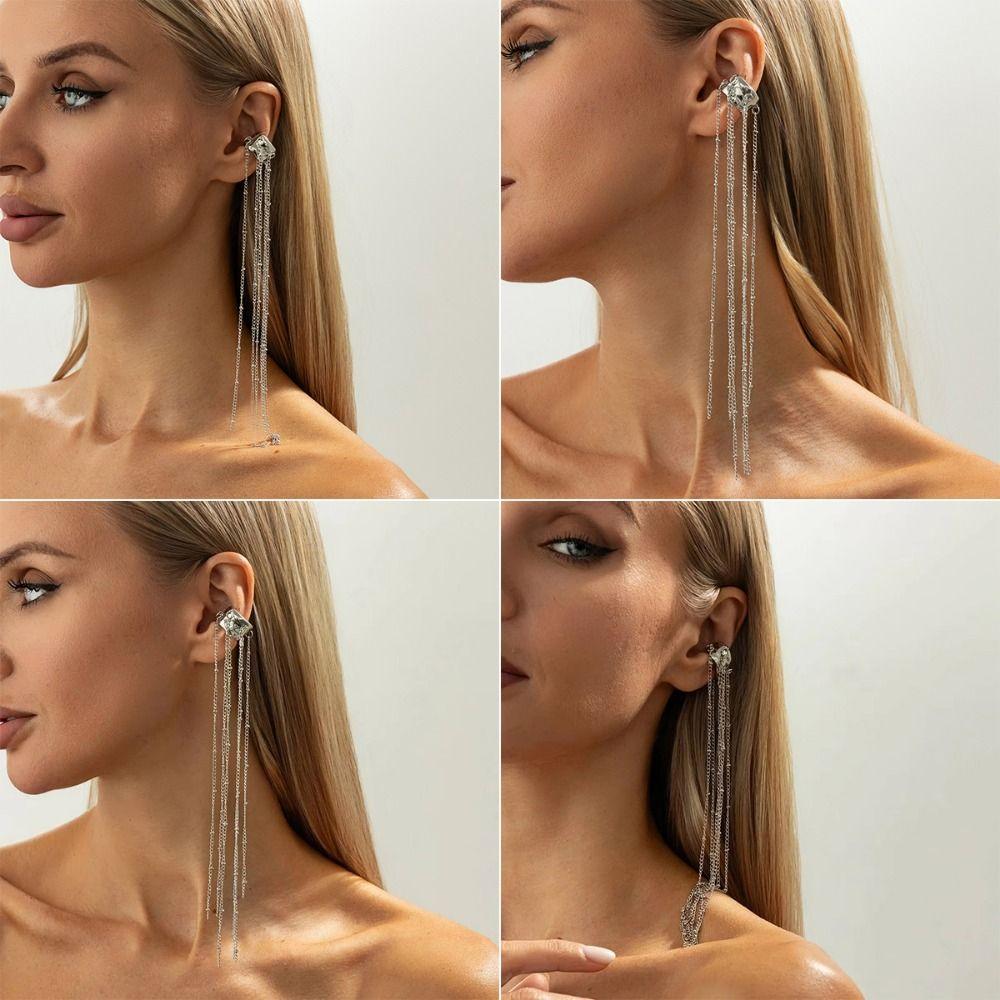 Alloy+Copper Chain Long Tassel Earrings Silver Color No Piercing Required Ear Clip Earrings Gothic C-shaped Ear Cuff