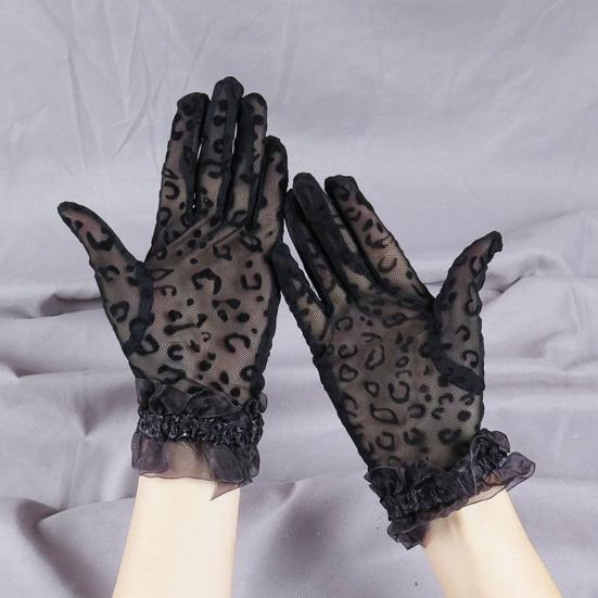 1 Paio Guanti da Sposa Trasparenti in Pizzo Sottile Stampa Leopardo Traforati Decorati Arricciati Vintage Traspiranti Guanti da Ballo per Appuntamenti