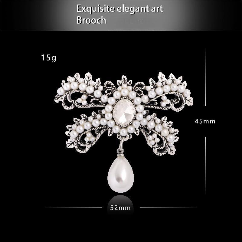Alloy Diamond Set Pearl Bow Brooch Girl Cute Pin Vintage Popular Brooch Accessories