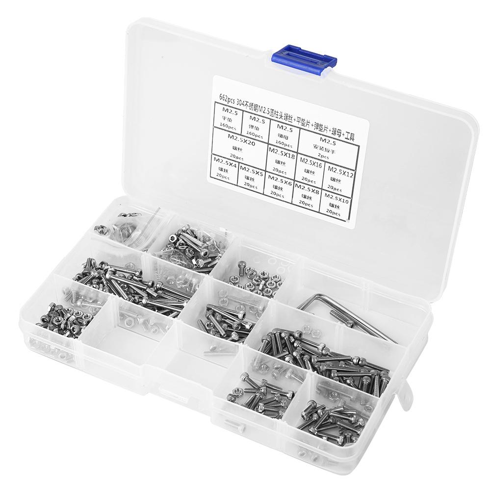 662 Pcs Screw  M2.5 Socket Cap Head Screw+Flat Washer+Spring Washer+Nut Tool Set