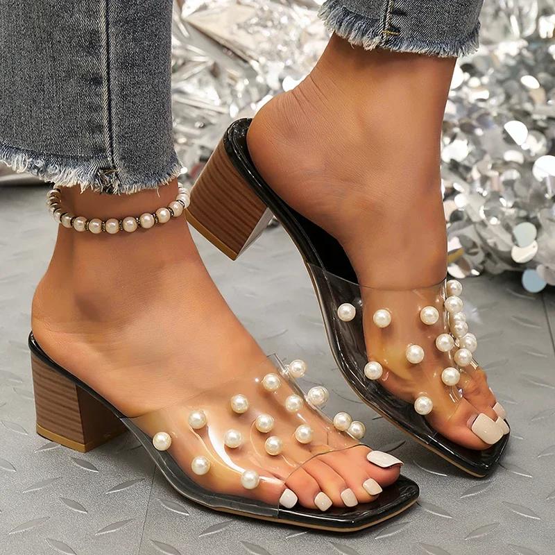 Fashion Women's Shoes New Pearl Decor Pu Leather Slippers Women Summer Thick Sole High Heel Sandal Woman Fashion Transparent Band Slides