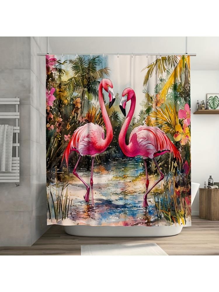 1PC Vintage Two Pink Flamingos Shower Curtain, Durable Polyester, Easy Clean, for Bathroom & Window Decor
